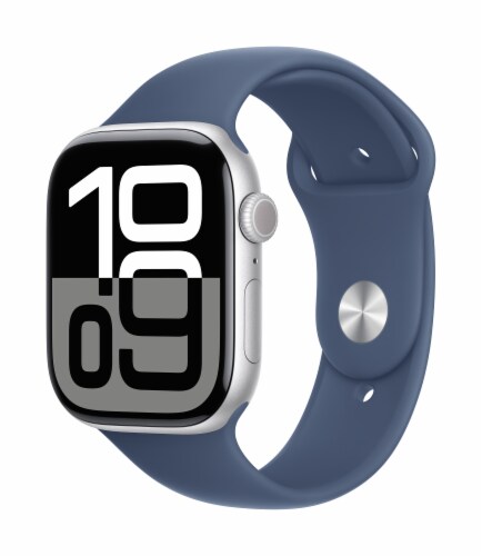 Apple® Watch Series 10 GPS 46mm Silver Aluminum Case with Denim Sport Band - M/L Perspective: left