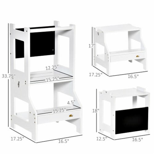 2in1 Kids Kitchen Step Stool Table Chair Set w/ Chalkboard, White, 1