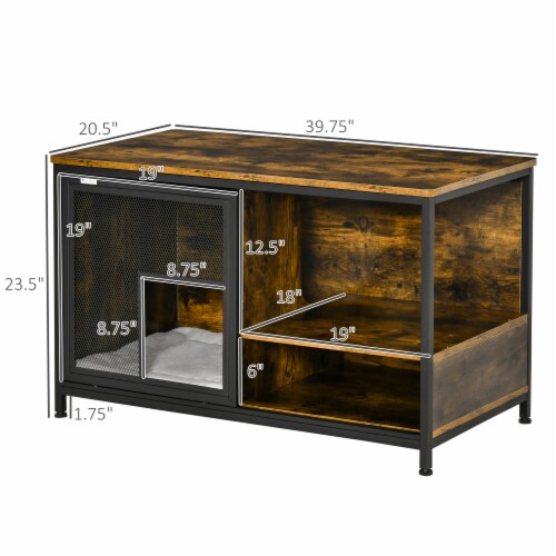 Wooden Cat House End Table, Elevated Kennel Pet Bed w/ Cushion, Rustic Brown Perspective: left