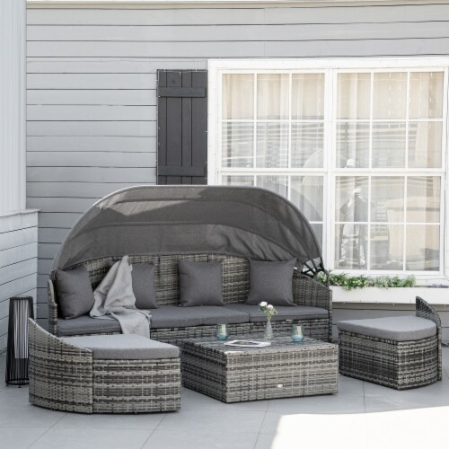 4pc Patio PE Rattan Furniture Set Sectional Sofa Bed w Canopy