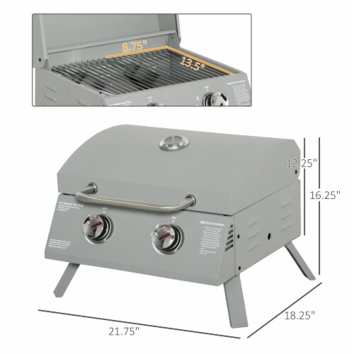 2 Burner Folding Tabletop Gas BBQ Grill w/ Lid, Thermometer, Carbon Steel, Grey Perspective: left