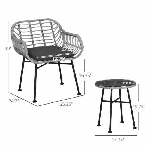 3-Piece Rattan Bistro Outdoor Table & Chairs Furniture Patio Set, Garden, Grey Perspective: left