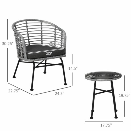 3-Piece Rattan Bistro Outdoor Table & Chairs Furniture Patio Set, Garden, Grey Perspective: left