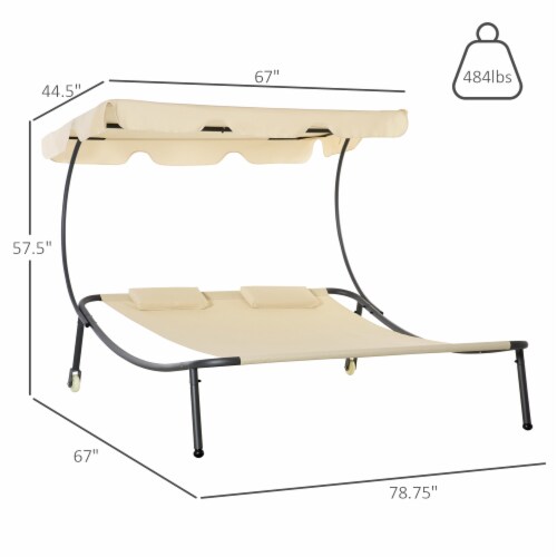 Patio Double Chaise Lounge Wheeled Hammock Daybed w Adjustable Canopy Beige 1 Unit Foods Co