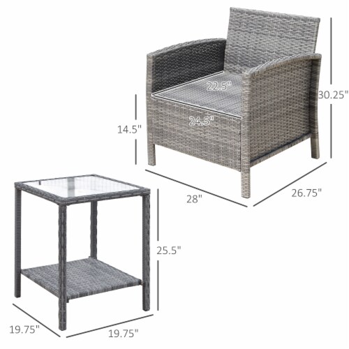 3pc Patio Bistro Set Rattan Wicker Furniture, 2 Armchairs, Table, Shelf, Blue Perspective: left