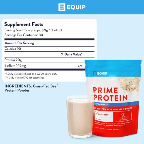 Equip Foods Unflavored Prime Protein Grass Fed Beef Protein Isolate Carnivore Protein Powder Perspective: left