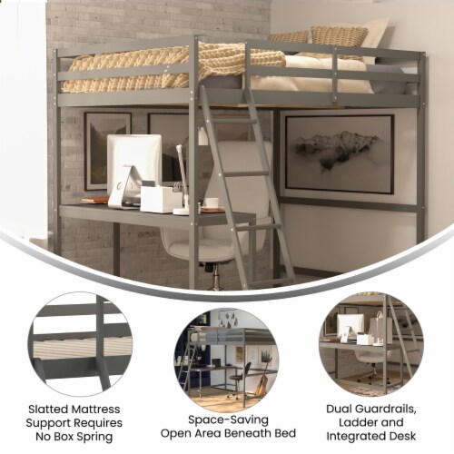Riley Loft Bed Frame with Desk, Full Size Wooden Bed Frame with Protective Guard Rails & Perspective: left