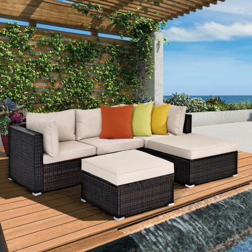 Costway 5PCS Patio Rattan Furniture Set Ottoman Table Beige, 5 PCS