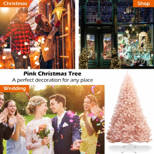 Costway 7ft Pink Artificial Christmas Tree Hinged Full Fir Tree Metal Stand Perspective: left