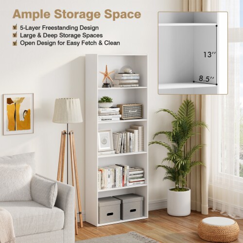 Costway 5-Shelf Storage Bookcase Modern Multi-Functional Display Cabinet Furniture White Perspective: left