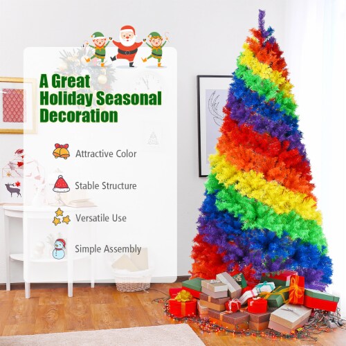 Costway 7FT Artificial Hinged Colorful Rainbow Full Fir Christmas Tree with 1213 Tips Perspective: left