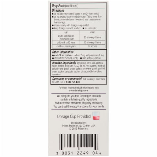Dimetapp Children's Multi-Symptom Red Grape Flavor Cold & Flu Liquid Medicine Perspective: left