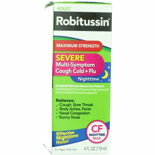 Robitussin Severe Nighttime Cough Cold + Flu Liquid Maximum Strength Medicine Perspective: left