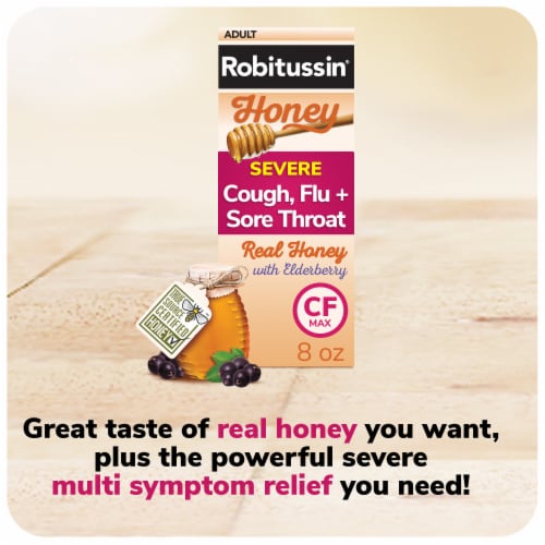 Robitussin Honey Severe Cough & Sore Throat & Flu Max Day Syrup Perspective: left