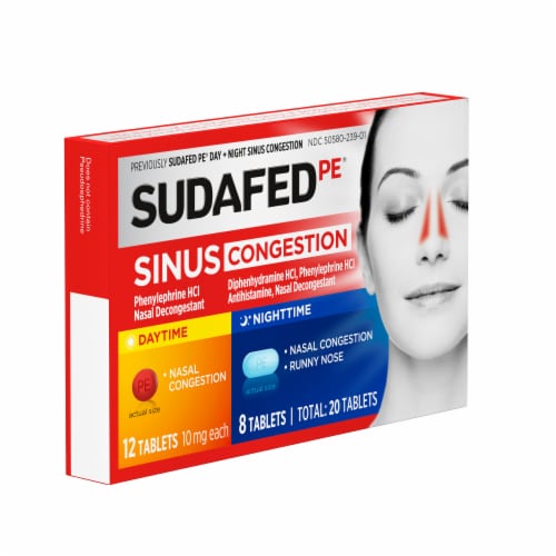 Sudafed PE Sinus Congestion Day + Night Maximum Strength Decongestant Tablets Phenylephrine HCl Perspective: left
