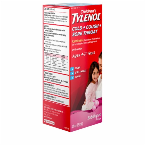 Tylenol® Children’s Bubblegum Flavor Cold + Cough + Sore Throat Medicine Perspective: left
