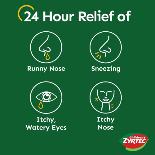 Children's Zyrtec 24 Hour Allergy Relief Dye-Free Sugar-Free Syrup Cetirizine HCl Bubble Gum Flavor Perspective: left