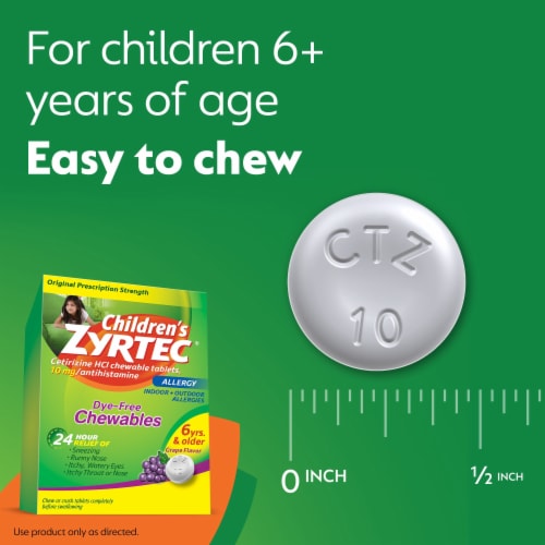 Children's Zyrtec 24 Hour Allergy Relief Dye-Free Chewable Tablets Cetirizine HCl 10 mg Grape Flavor Perspective: left