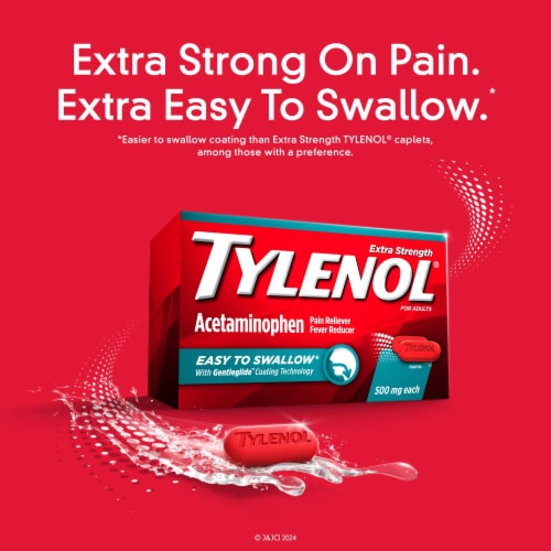 Tylenol Extra Strength Acetaminophen, Easy To Swallow Caplets Perspective: left