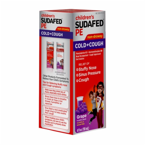 Children's Sudafed PE Cold+Cough Grape Flavor Liquid, 4 Fl Oz Perspective: left