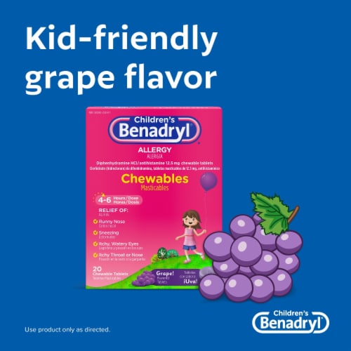 Children's Benadryl Allergy & Cold Relief Chewable Tablets Diphenhydramine HCl Grape Flavor Perspective: left