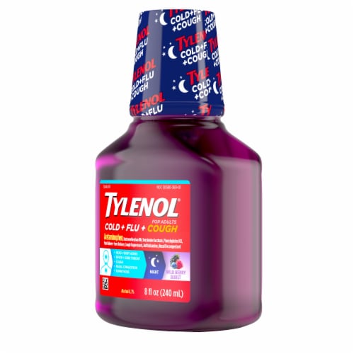 Tylenol Cold + Flu + Cough Night Liquid Medicine, Wild Berry Perspective: left