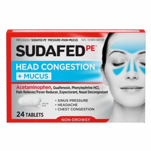 Sudafed PE Head Congestion + Mucus Relief Tablets Acetaminophen, Guaifenesin, Phenylephrine HCl Perspective: left