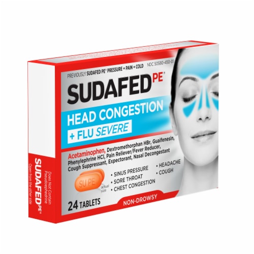 Sudafed PE Head Congestion + Flu Severe Acetaminophen Phenylephrine and Guaifenesin Caplets Perspective: left