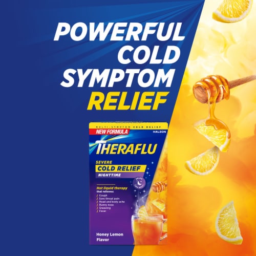 Theraflu Nighttime Severe Cold Relief Honey Lemon Flavor Powder Perspective: left