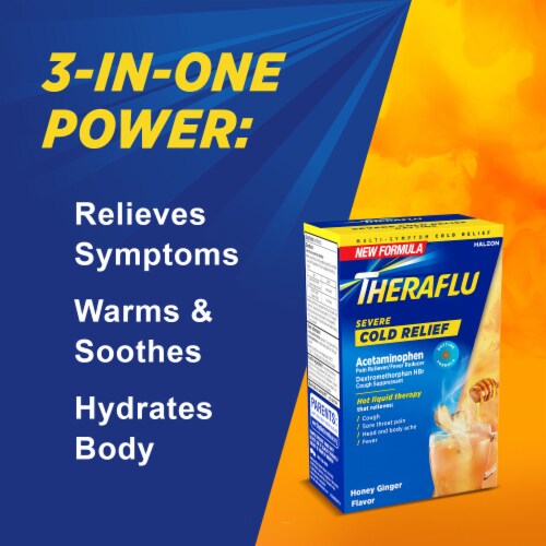 Theraflu Daytime Severe Cold Relief Powder, Honey Ginger Flavor Perspective: left