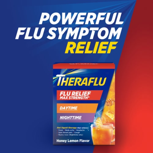 Theraflu Combo Daytime and Nighttime Severe Cold Relief Honey Lemon Flavor Powder Perspective: left