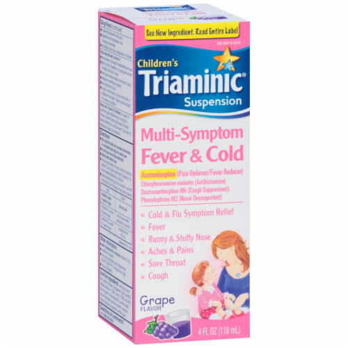 Triaminic Children's Grape Flavored Multi-Symptom Fever & Cold Liquid Medicine Perspective: left