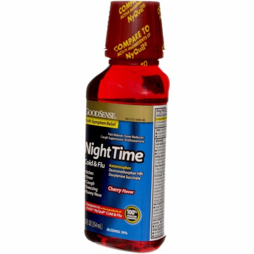 GoodSense Acetaminophen Nighttime Cold & Flu Relief Liquid, Cherry, 12 fl oz Perspective: left