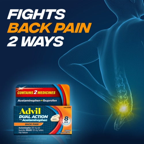Advil Dual Action Back Pain Caplets with Ibuprofen and Acetaminophen for 8 Hours of Back Pain Relief Perspective: left