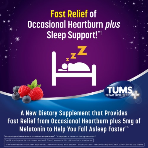 TUMS+ Chewable Chews Occasional Heartburn Relief and Sleep Support Berry Fusion Tablets Perspective: left