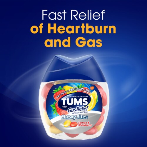 TUMS Chewy Bites Lemon & Strawberry Chewable Antacid Tablets Perspective: left