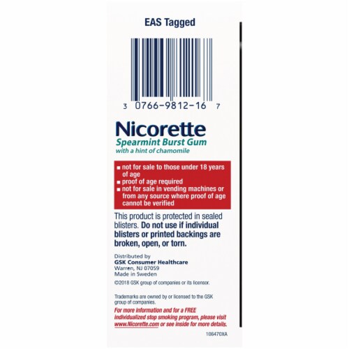 Nicorette Spearmint Burst Nicotine Gum 4mg Perspective: left