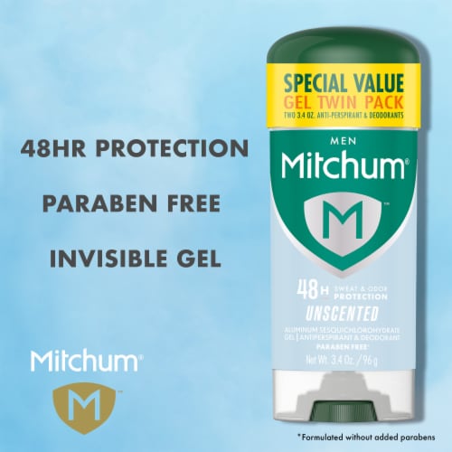 Mitchum Triple Odor Defense Men Gel Antiperspirant Deodorant Unscented 2-Pack Perspective: left