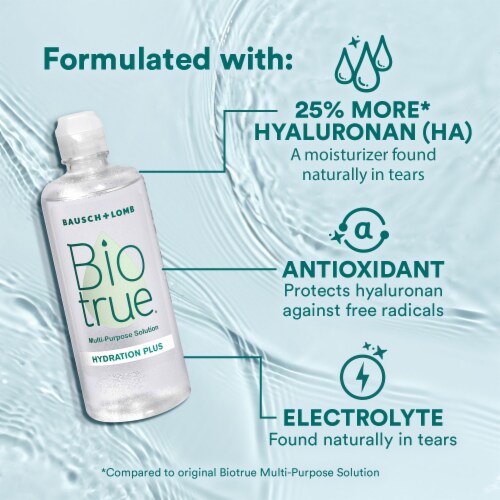 Biotrue Hydration Plus Contact Lens Solution Multi-Purpose Soft Lens Cleaner Perspective: left