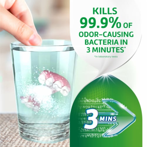 Polident Three Minute Triple Mint Antibacterial Denture Cleanser Effervescent Tablets Perspective: left