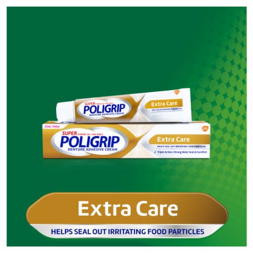 Poligrip, Super Poligrip Extra Care, Denture Adhesive Cream, Flavor Free, Zinc Free Perspective: left