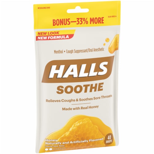 HALLS Soothe Honey Flavored Cough Suppressant Drops Perspective: left
