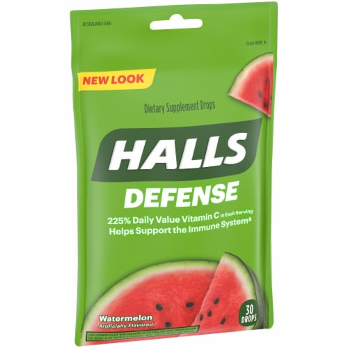 HALLS Defense Watermelon Dietary Supplement Drops 30 Count Perspective: left