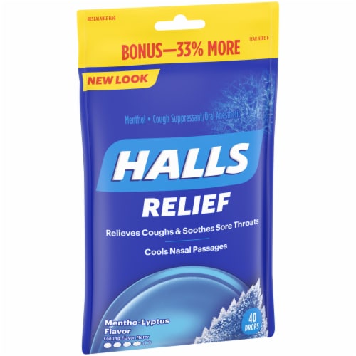 HALLS Relief Mentho-Lyptus Flavored Cough Suppressant Drops Perspective: left