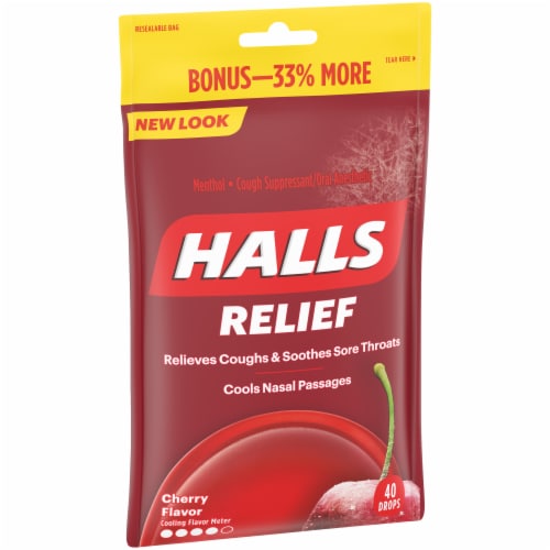 HALLS Relief Cherry Flavored Cough Suppressant Drops Perspective: left