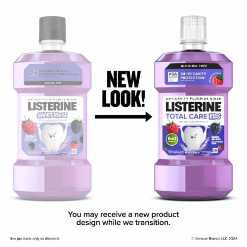 Listerine Smart Rinse Kids Mouthwash Berry Splash Flavor Alcohol-Free Anticavity Fluoride Oral Rinse Perspective: left