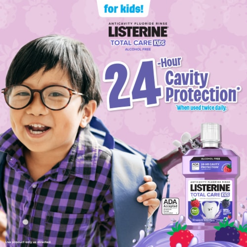 Listerine Total Care Kids Mouthwash Berry Splash Flavor Alcohol-Free Anticavity Fluoride Oral Rinse Perspective: left