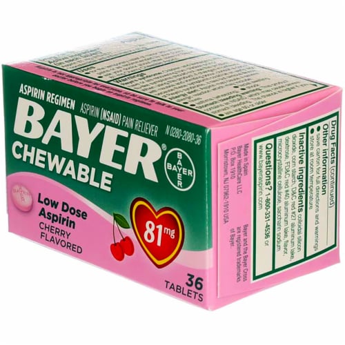 Bayer Low Dose Aspirin Pain Reliever Cherry Flavor Chewable Tablets - 81mg Perspective: left