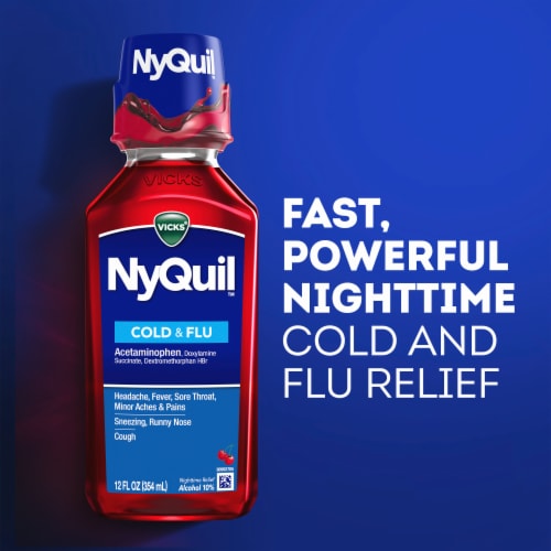 Vicks NyQuil Cold and Flu Medicine Acetaminophen Cherry Liquid Perspective: left