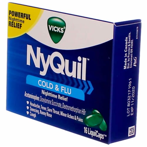 Vicks® NyQuil™ Cold & Flu Nighttime Relief LiquiCaps™ Perspective: left